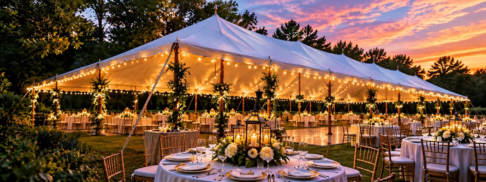 Outdoor event tent with tables, chairs and warm lighting